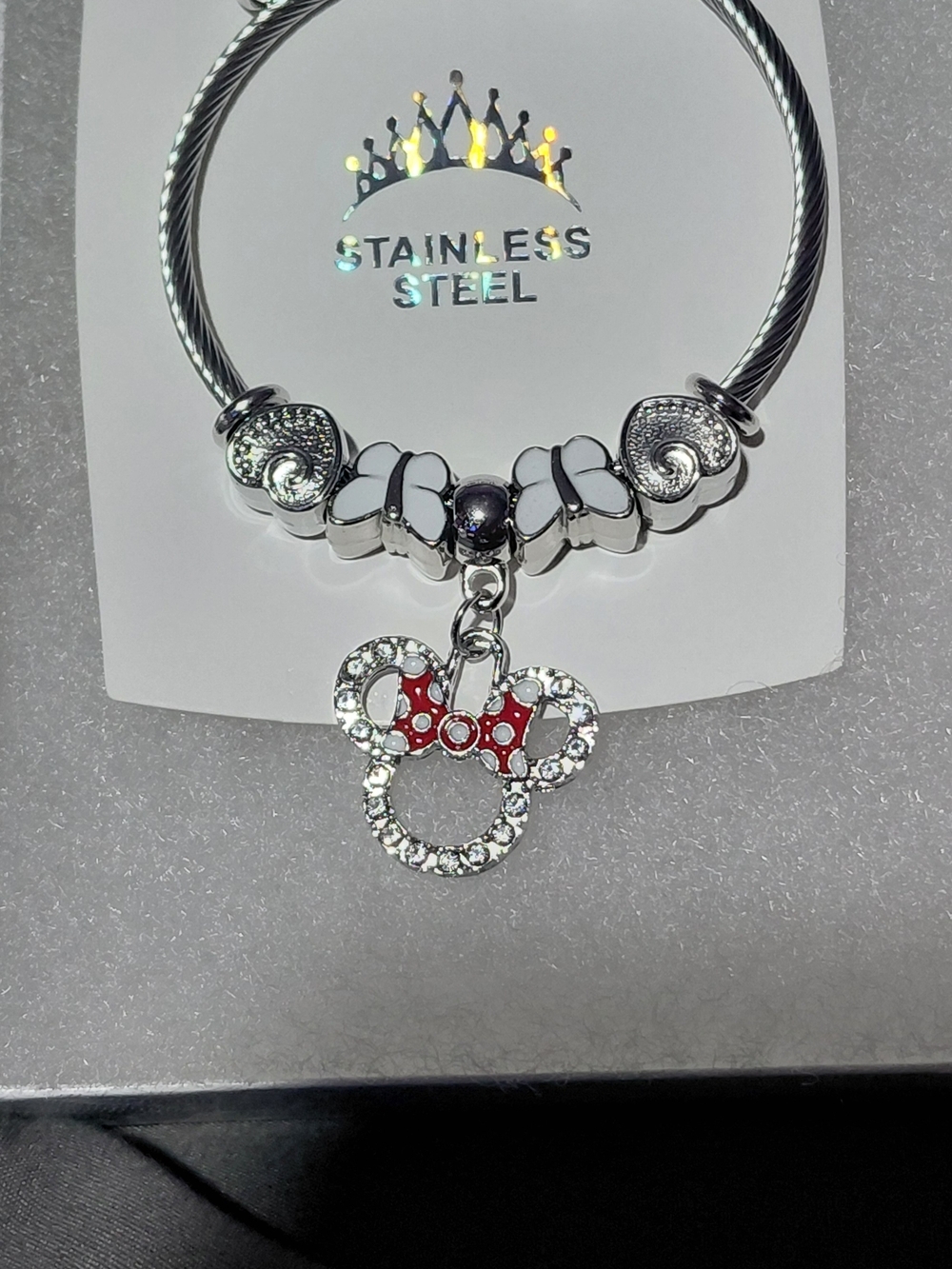 Silver Minnie Charm Bracelet with Red Bow